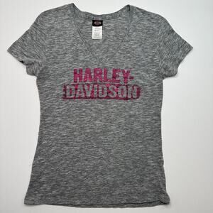 Harley Davidson Babydoll V Neck Fitted Tee in Gray Heather
